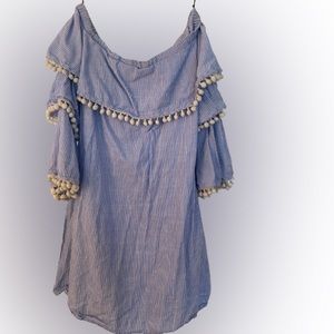 Off shoulder blue and white cotton short dress